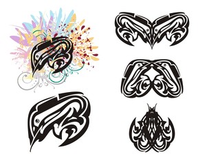 Grunge fish and twirled fish symbols. Stylization of fish with colorful feathers and blood  drops and double symbols of fishes