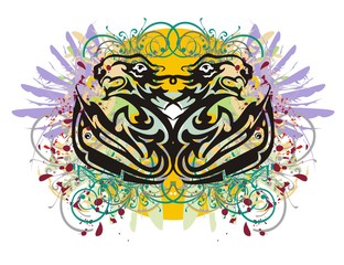 Grunge stylized fishes and lions heads. Two twirled fishes whose tails are formed by the aggressive lion's and eagle heads, with colorful splashes against the background of an orange circle