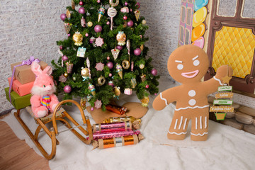 Interior or New Year.Christmas decorations, tree