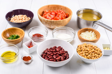 Food Ingredients For Chili Bean Stew On White Wood Table