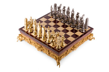 Chess pieces on the board on a white background