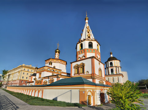 View of Irkutsk - one of the largest russian cities in Siberia with Epiphany Cathedral