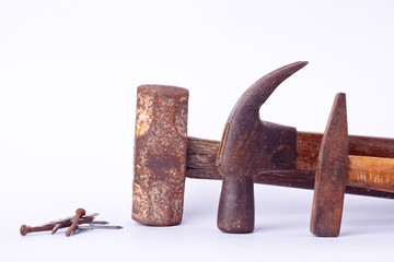  old Traditional curved claw hammer and Tack hammer and Sledge hammer and rust nail tack used on...