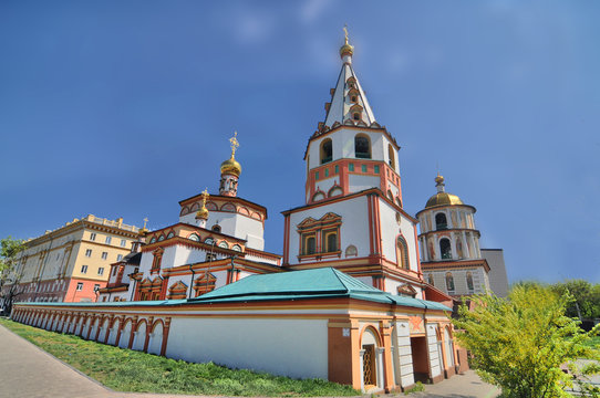 View of Irkutsk - one of the largest russian cities in Siberia with Epiphany Cathedral