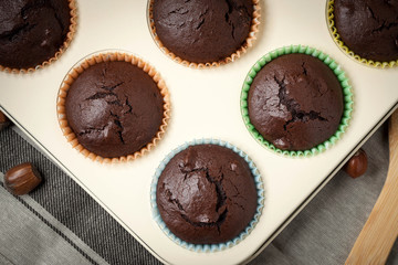 Freshly baked chocolate muffins.