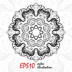 Black and white geometric mandala background. Round ornament decoration, isolated design element. Zentangle art for coloring book. Snowflake.