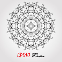 Round element for coloring book. Black and white ethnic henna pattern. Floral mandala. Snowflake