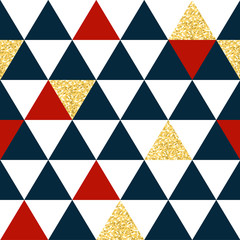 Abstract seamless pattern with triangles in red, gold and dark blue.