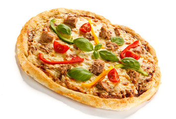 Pizza with tuna on white background