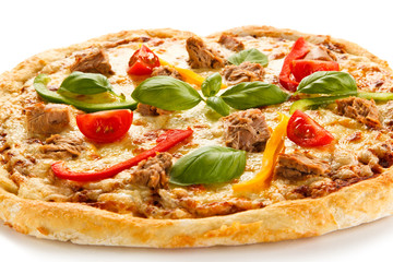 Pizza with tuna on white background