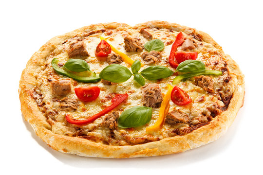 Pizza with tuna on white background