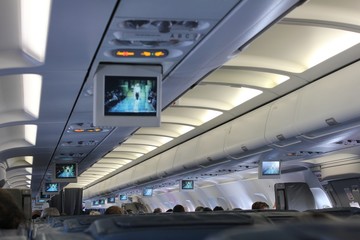 Interior airliner from the position of the passenger. Modern air travel in economy class.