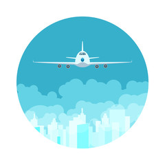 Icon Front View of Plane, Airplane Flying High in the Sky among the Clouds, Vector Illustration