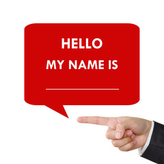 Businessman hand pointing hello my name is with copyspace 