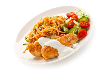 Fried chicken fillet, pasta and vegetables 