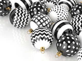 3d rendering of christmas baubles on white glossy background