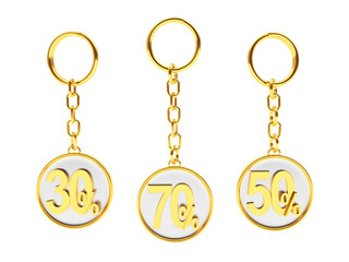 Fototapeta na wymiar Set of golden keychains with different percentages discount on white background. 3D illustration 