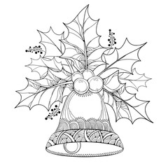 Vector branch with outline leaves and berries of Ilex or Holly berry and ornate bell isolated on white background. Traditional Christmas symbol in contour style for winter design and coloring book.