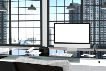 Fototapeta premium 3D Rendering : illustration close up of Creative designer office desktop with blank computer,keyboard,camera,lamp and furniture on background with window and city view. clipping path include
