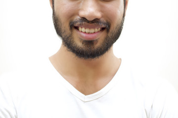 Close up Asian handsome man with a mustache, smiling and laughin