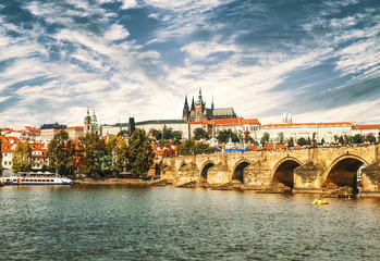Fototapeta na wymiar View on the Prague, Charles bridge and the Vltava river, Czech Republic
