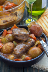 Hearty beef stew with carrot, celery, shallot and potato, vertical