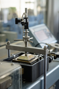 Laboratory testing equipment for civil engineering, direct shear machine at work, closeup
