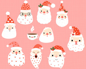 Hipster, funny and cute Santa heads and faces with white beards with dots and hearts