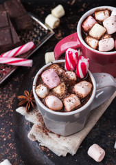 Hot chocolate with marshmallows and spices on grunge dark table