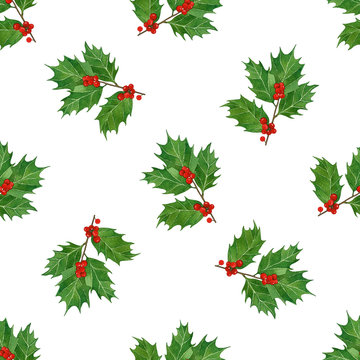 watercolor christmas seamless pattern with holly berries and leaves.season design for print,textile,wrapping paper.