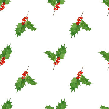 watercolor seamless pattern with hand draw Christmas and New Year elements.:holly berries and leaves.