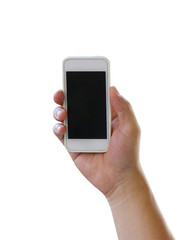 Hand of man holding a smartphone isolated on white background.