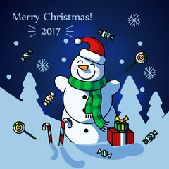 Christmas snowman on the background of snowy forest