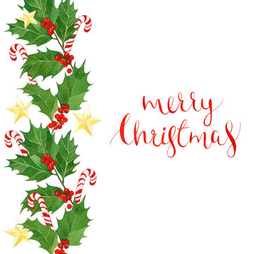 watercolor merry christmas card with holly berries and leaves,candy canes,golden stars.