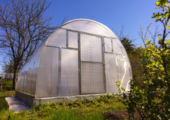 Fototapeta na wymiar Modern Polycarbonate Greenhouse in Allotments for Growing Vegetables, Glasshouse Made of Polycarbonate, Farmland with Glasshouse, Plant Nursery, Sunlight Semicircle Hothouse, Self-sustaining