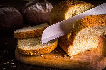 bakery products. Meat loaf sliced on a wooden background