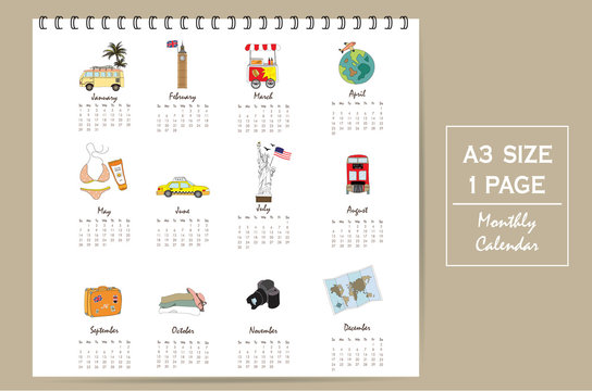 Colorful cute monthly calendar 2017 with bus,airplane,sea,camera