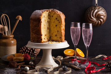 Wine glasses and italian typical christmas cake called 