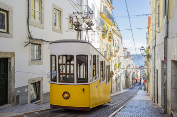 Plakat Lisbon's Gloria funicular classified as a national monument opened 1885 located on the west side of the Avenida da Liberdade connects downtown with Bairro Alto.