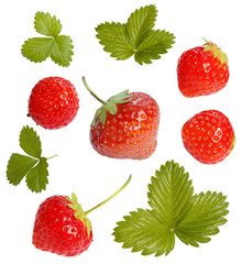  set of ripe strawberries with green leaves isolated on white background