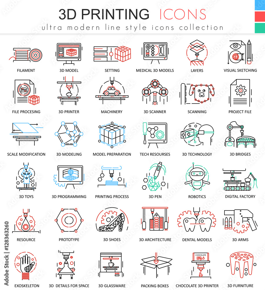 Poster Vector 3d printing color line outline icons for apps and web design. Future 3d printing technology icons.