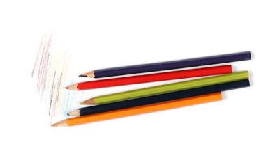 colored wooden pencils and scribble isolated on white