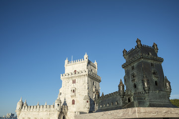 Fototapeta na wymiar Torre of Belem and Miniature of Belem Tower, famouse landmark of Lisbon, Portugal