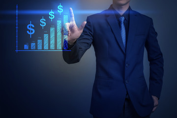 Close up of businessman touching money icon with finger