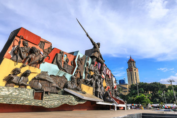 Katipunan (abbreviated to KKK) monument and clock tower of the Manila City Hall in Philippines