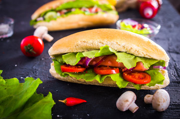 Two hot dog on a dark background