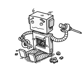 Broken Robot Fix Technology. A hand drawn vector cartoon illustration of a broken robot trying to fix itself.
