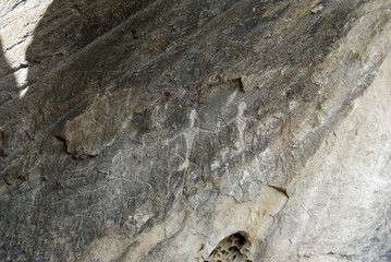 Prehistoric rock carvings (petroglyph) in Gobustan, Azerbaijan, depicting human figures, goats and bulls. 