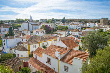 Fototapeta na wymiar Obidos, Portugal : Cityscape of the town with medieval houses, wall and the Albarra tower. Obidos is a medieval town still inside castle walls, and very popular among tourists.