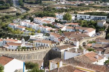 Fototapeta na wymiar Obidos, Portugal : Cityscape of the town with medieval houses, wall and the Albarra tower. Obidos is a medieval town still inside castle walls, and very popular among tourists.